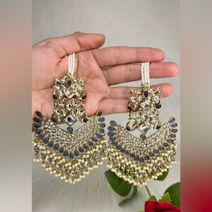 Elegant Navy Blue and Gold Tayani Kundan Statement Earrings With Ear Chain